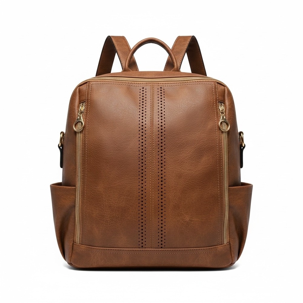 Convertible Cognac Vegan Leather Backpack Purse Set‎ w Wristlet Boho Strap NWOT